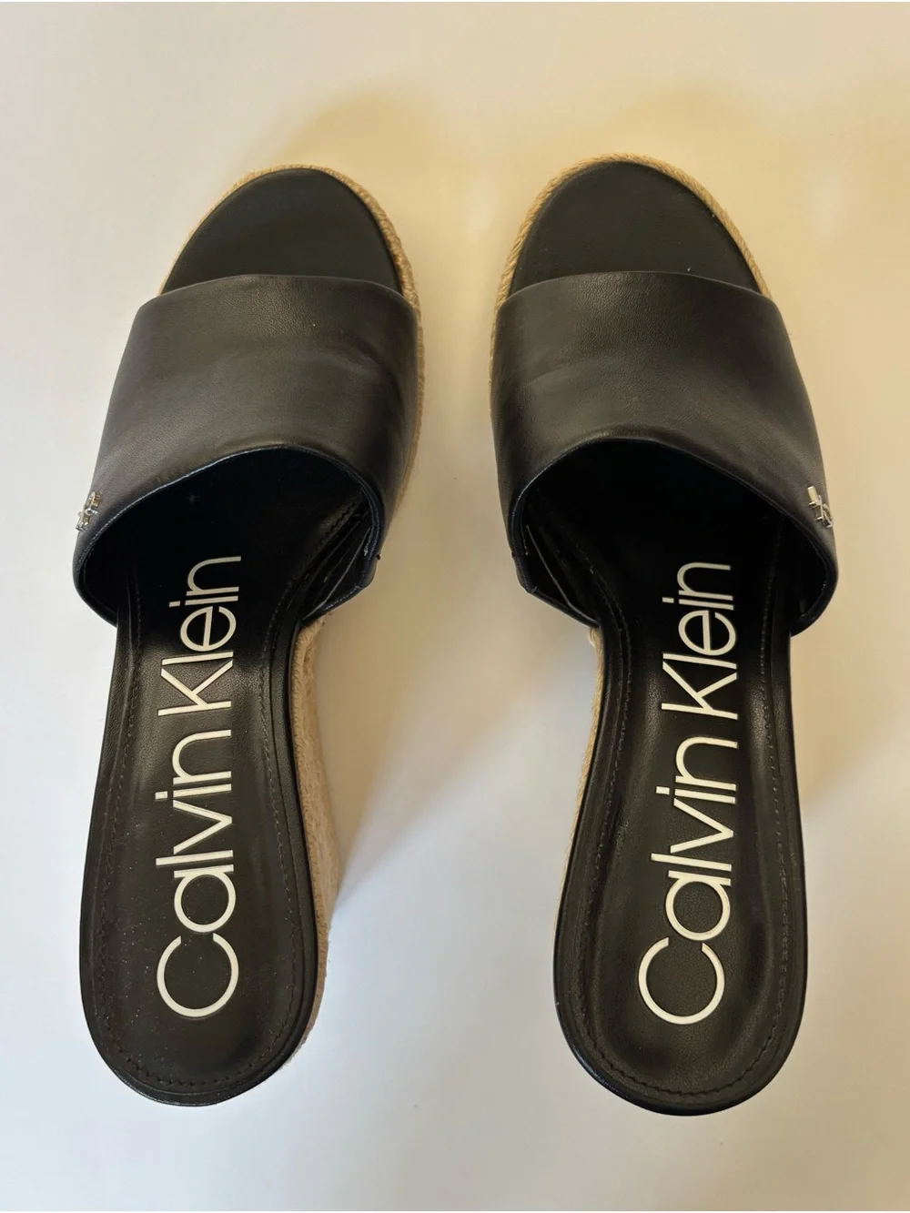 Calvin Klein Black Leather Bandera Wedge Espadrille Slide Sandal 3-1/2” Heel 8